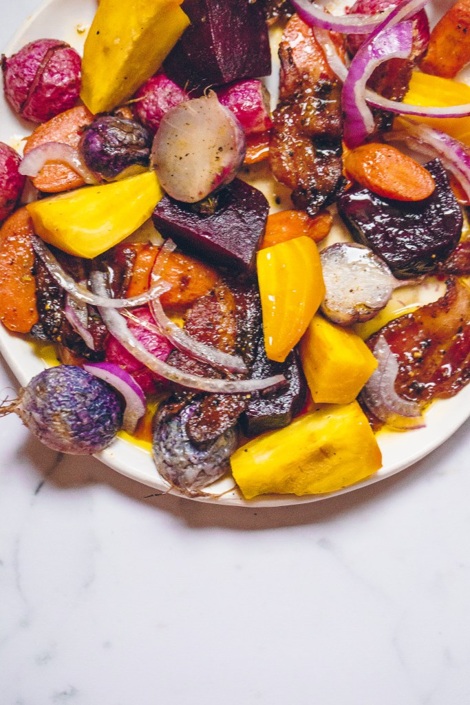 Roasted Root Vegetable Salad with Sorghum Candied Bacon