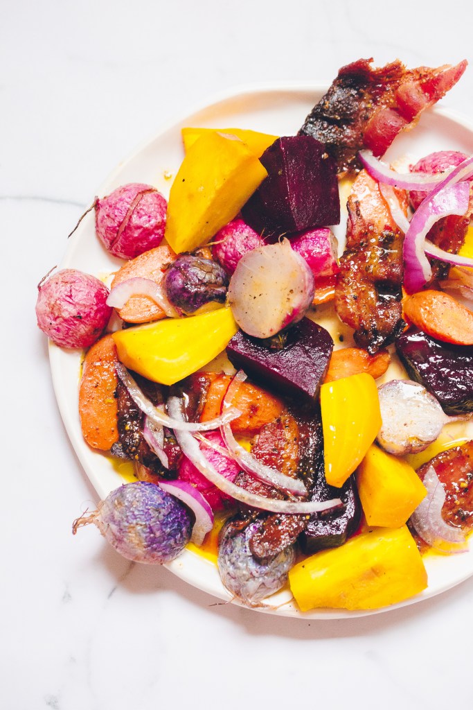 Roasted Root Vegetable Salad with Sorghum Candied Bacon