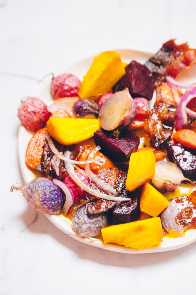 Roasted Root Vegetable Salad with Sorghum Candied Bacon