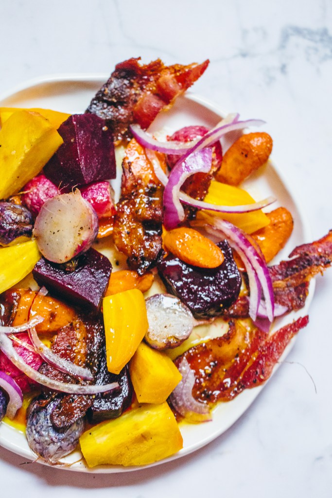 Roasted Root Vegetable Salad with Sorghum Candied Bacon
