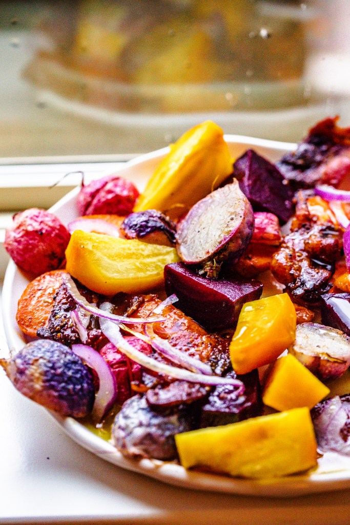 Roasted Root Vegetable Salad with Sorghum Candied Bacon
