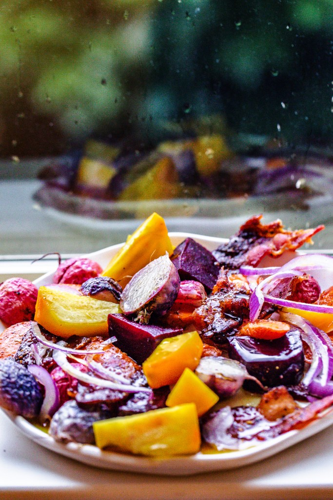 Roasted Root Vegetable Salad with Sorghum Candied Bacon