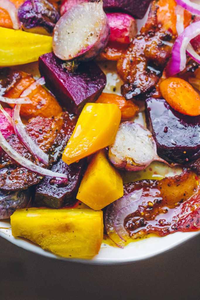 Roasted Root Vegetable Salad with Sorghum Candied Bacon